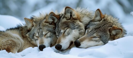 Three wolves snuggling near Yellowstone National Park, Wyoming.