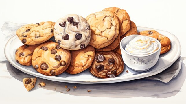  a painting of chocolate chip cookies and a cup of whipped cream on a white platter with a white napkin.