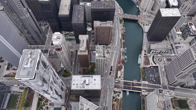 Aerial view of the streets and river of Downtown Chicago city from above. 2023