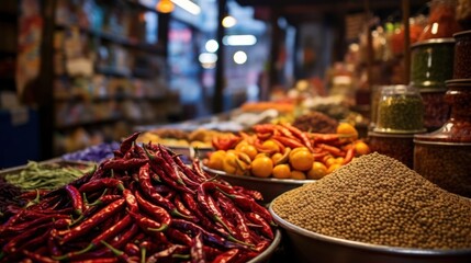  a store filled with lots of different types of spices and seasonings on trays next to a row of bowls filled with different types of spices and seasonings. - obrazy, fototapety, plakaty