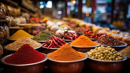  a bunch of bowls filled with different types of spices and spices on top of each other in front of a store filled with lots of different types of spices.