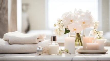  a table topped with a vase filled with white flowers next to a couple of candles and a bottle of lotion.