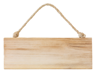 Wooden sign hanging from a rope - isolated on transparent background