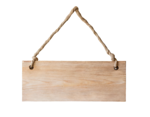 Wooden sign hanging from a rope - isolated on transparent background