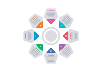 pentagons around circle infographic template. eight steps infographic template. magazine, annual report, web, business and internet infographic template