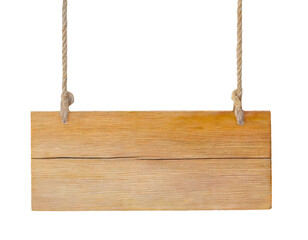 Wooden sign hanging from a rope - isolated on transparent background