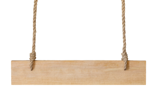 Wooden sign hanging from a rope - isolated on transparent background