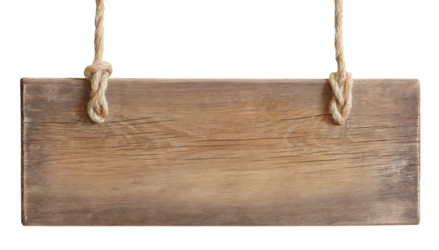 Wooden sign hanging from a rope - isolated on transparent background