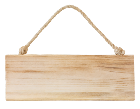 Wooden sign hanging from a rope - isolated on transparent background