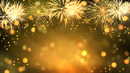 Gold Fireworks and bokeh in New Year eve and copy space. Abstract background holiday.