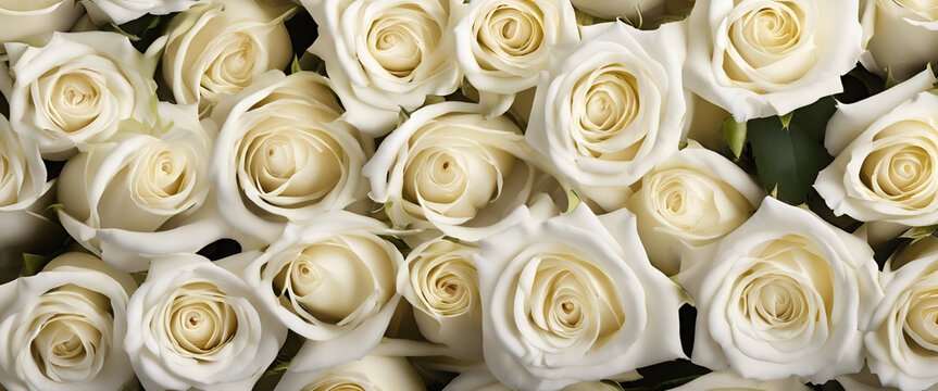 Luxurious Elegance: Creamy White Roses in a Detailed Macro View, Creating a Dreamy and Romantic Atmosphere, Ideal for Special Events and Bridal Celebrations - Close Up of a Bouquet of White Flowers © Nastassia