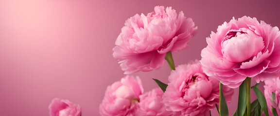 Serene Elegance: A Stylish Composition of Pink Peonies Floating on a Desk, Ideal for Feminine Designs and Romantic Greetings - Pink Flowers on Pink Background. Copy Space