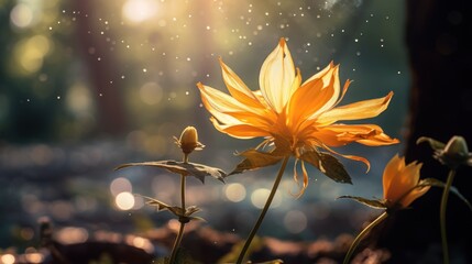  a close up of a sunflower in a field with the sun shining down on the grass and trees in the background.