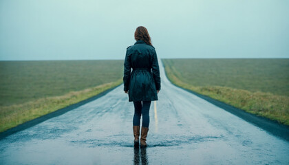 A woman in a raincoat walks along a dirty wet asphalt road. Autumn, bad weather. Back view - obrazy, fototapety, plakaty