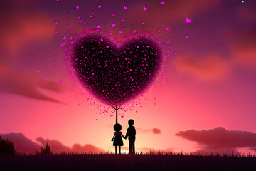 Silhouette of couple in love with soaring heart in sky on field with pink sunset