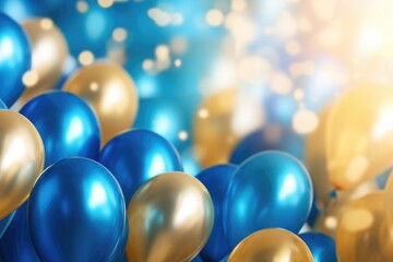 Party balloons Background , golden and blue balloons background with confetti and bokeh backgrounds Ai generated