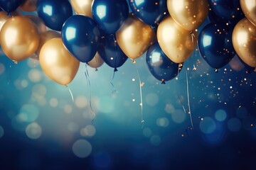 Party balloons Background , golden and blue balloons background with confetti and bokeh backgrounds Ai generated - obrazy, fototapety, plakaty