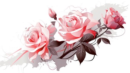  a bouquet of pink roses on a white background with a splash of paint on the bottom half of the image.