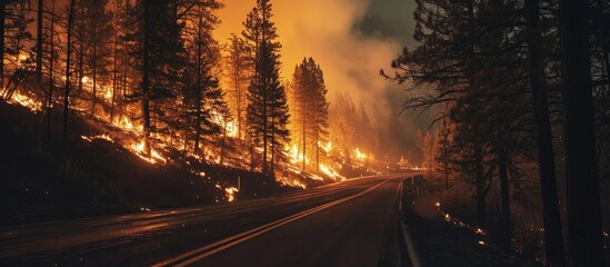Forest fire seen near highway at night in western Montana. - obrazy, fototapety, plakaty