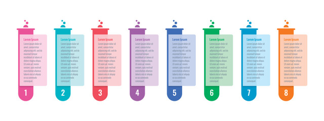 colorful test tubes infographic template. eight steps infographic template. internet, magazine, annual report information template. infographic for the world of science, education