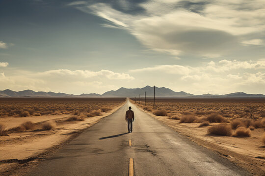 A man walking alone on a lonely road in the middle of nowhere, depicting the feeling of loneliness, depression or feeling lost