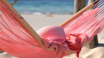  a pink hat and a pink hammock on a beach with a blue ocean in the backgroud.