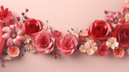  a close up of a bunch of flowers on a pink background with a border of red and pink flowers on a pink background.