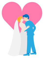 結婚式でキスをする新郎新婦とハートマーク