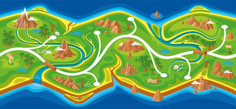 Looped  Level Map for Mobile Game. Mountains, sea, rivers and path view from above. Bright seamless map for use in casual games