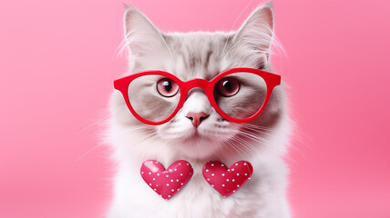 cute cat with glasses and hearts for valentine's day