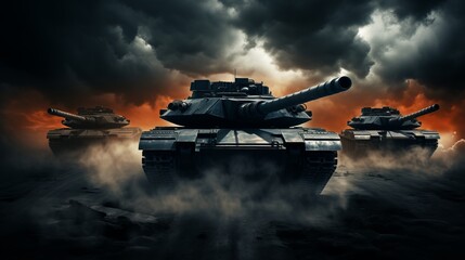 Fototapeta premium Tank battle against a background of black smoke
