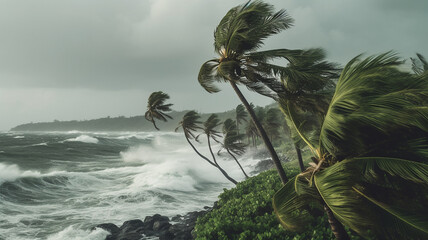 strong wind in a hurricane storm on an island at sea with a palm tree - obrazy, fototapety, plakaty