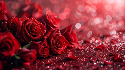 Fototapeten banner with red roses and glitter for valentine's day © Sheviakova