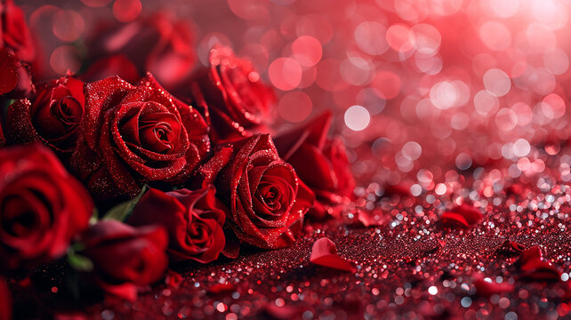banner with red roses and glitter for valentine's day