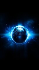 Fototapeta na wymiar A blue, glowing orb in space on the black background