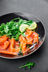 salmon salad fish seafood ready to eat eating cooking appetizer meal food snack on the table copy space food background rustic top view  diet Pescetarian