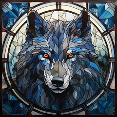 AI generated illustration of stained glass window featuring a detailed image of a wolf's head