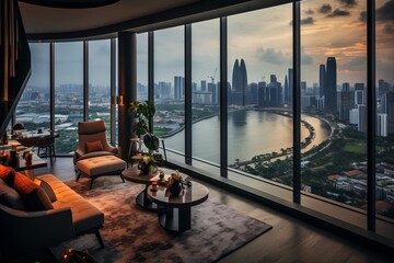 Modern room with panoramic windows and city views