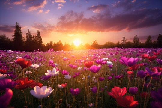 Beautiful meadow full of spring flowers, mountain landscape, sunrise