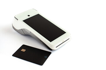 payment terminal and bank card on a white background