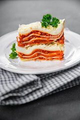 lasagna bolognese meat dish second course eating cooking appetizer meal food snack on the table copy space food background rustic top view