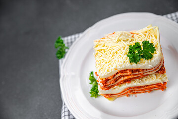 lasagna bolognese meat dish second course eating cooking appetizer meal food snack on the table copy space food background rustic top view