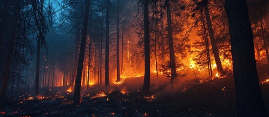 Nocturnal forest fire caused by people.