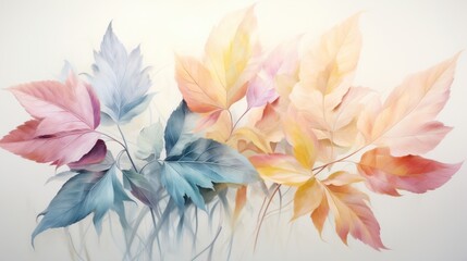 Obraz na płótnie Canvas a painting of a bunch of leaves in pastel colors on a white background with a white wall in the background.