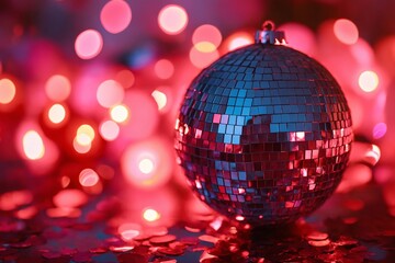 Fototapeta na wymiar Valentine's Day disco ball on red background with confetti. Celebration and party concept. Silver glitter mirror ball. Shiny surface. Discotheque and music 