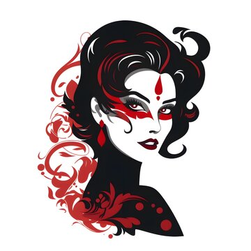 Vector flat image of a young and attractive woman with red lipstick. Girl with on a dark background. Retro style design for postcards, posters, backgrounds, templates, banners, textiles, avatars.