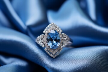 Sapphire and diamond ring on blue satin fabric