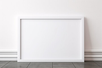 White empty frame against a white wall, picture frame mockup