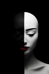 Black and white dramatic portrait of beautiful young woman standing in a dark and holding a white mask, incognito, hiding a secret, mystery concept . Black studio background