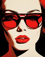 red black and white silhouette of woman face with red lips wearing sunglasses, vector icon ready to print, design as banner isolated on white background, bright colors, retro vintage poster superwoman